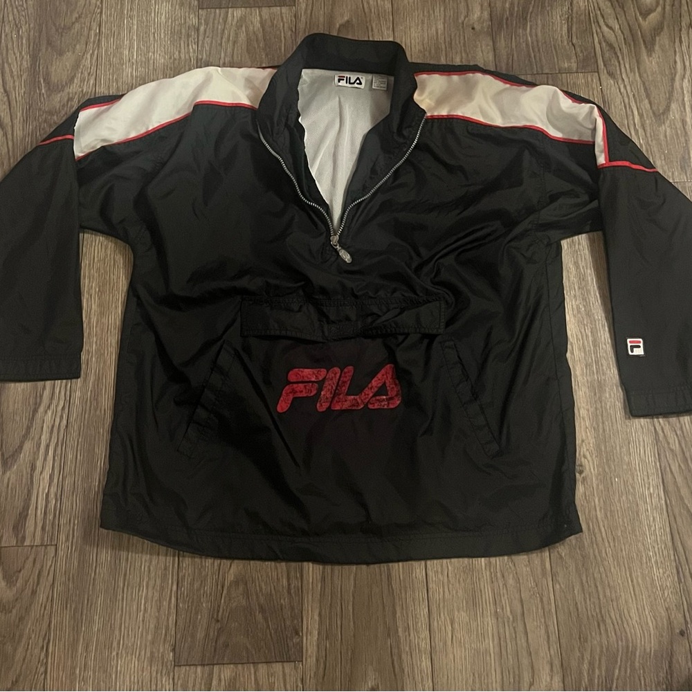 Vtg 1990s FILA  Nylon Windbreaker Pullover Jacket Mens XL Red Black RARE